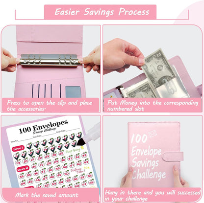 100 Envelopes Money Saving Challenge Binder, A5 Money Saving Budget Binder with Cash Envelopes, Savings Challenge Planner Book, Easy and Fun Way to save $5,050 (Pink)