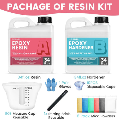 Epoxy Resin Kit - 68OZ Crystal Clear Resin for Crafts, Resin Mold, Wood, Jewelry Making, Art Casting Resin for Art, NO Bubble, 2 Part Clear Epoxy Resin Kit with Silicone Cups, Sticks, Pigment