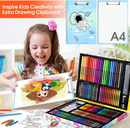 Art Supplies, 180 Piece Drawing Painting Art Kit with Clipboard and Coloring Papers, Gifts Art Set Case with Oil Pastels, Crayons, Colored Pencils, Watercolor Cakes