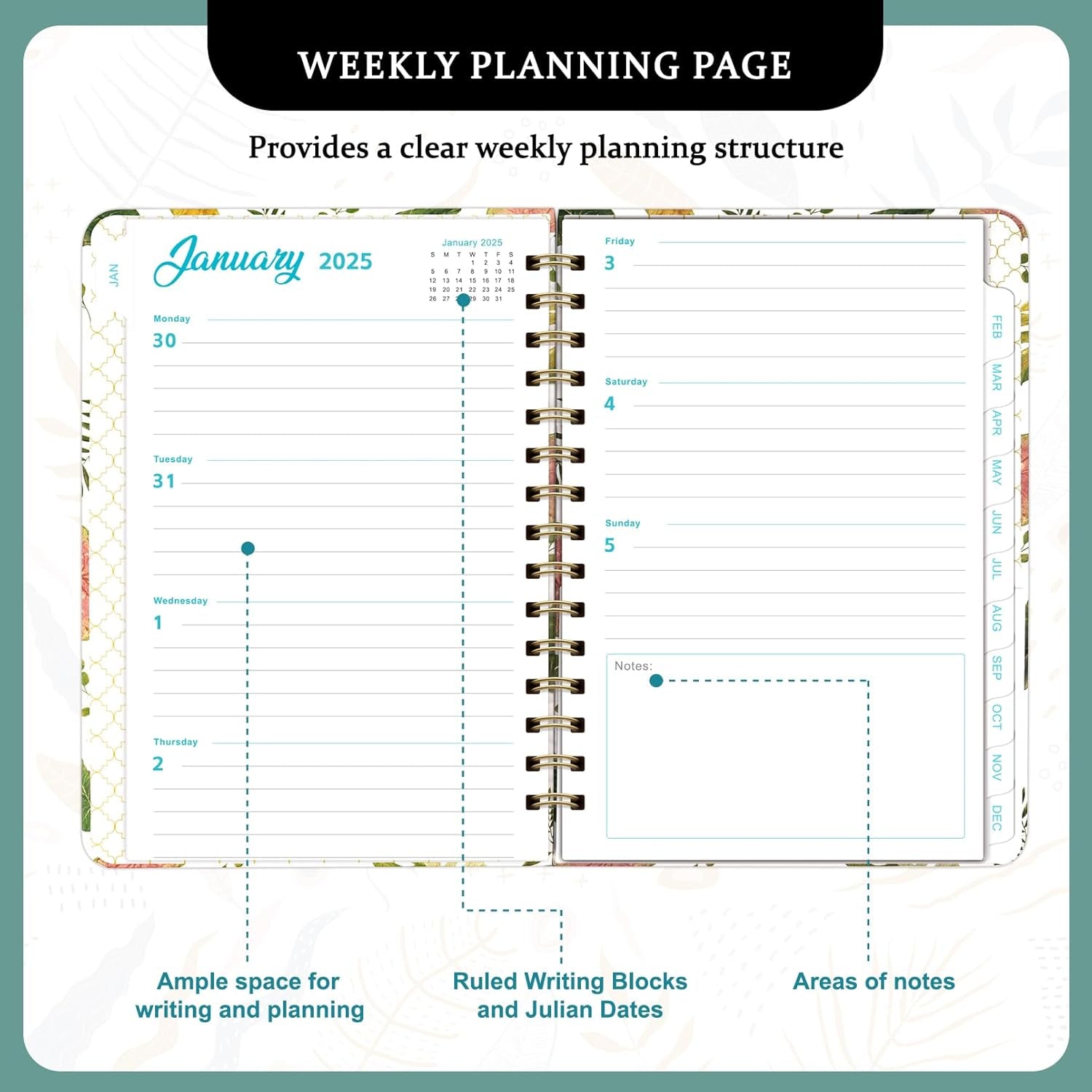 2025 Planner- Weekly and Monthly Planner, January 2025 - December 2025, Spiral Bound Hardcover Calendar Planner Book with Tabs, Inner Pocket, Perfect for School Supplies Office Home , A5 (6.3" X 8.5"), White