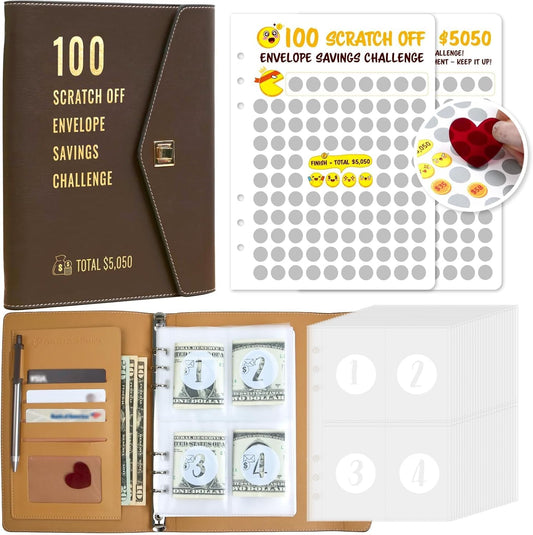 100 Envelopes Money Saving Challenge with 2 Scratch-Off Cards of $5050 - Unknown Random Daily Money,100 Day Challenge Money Saving Binder Budget Planner, Leather Cover Budget Book for Cash 2024