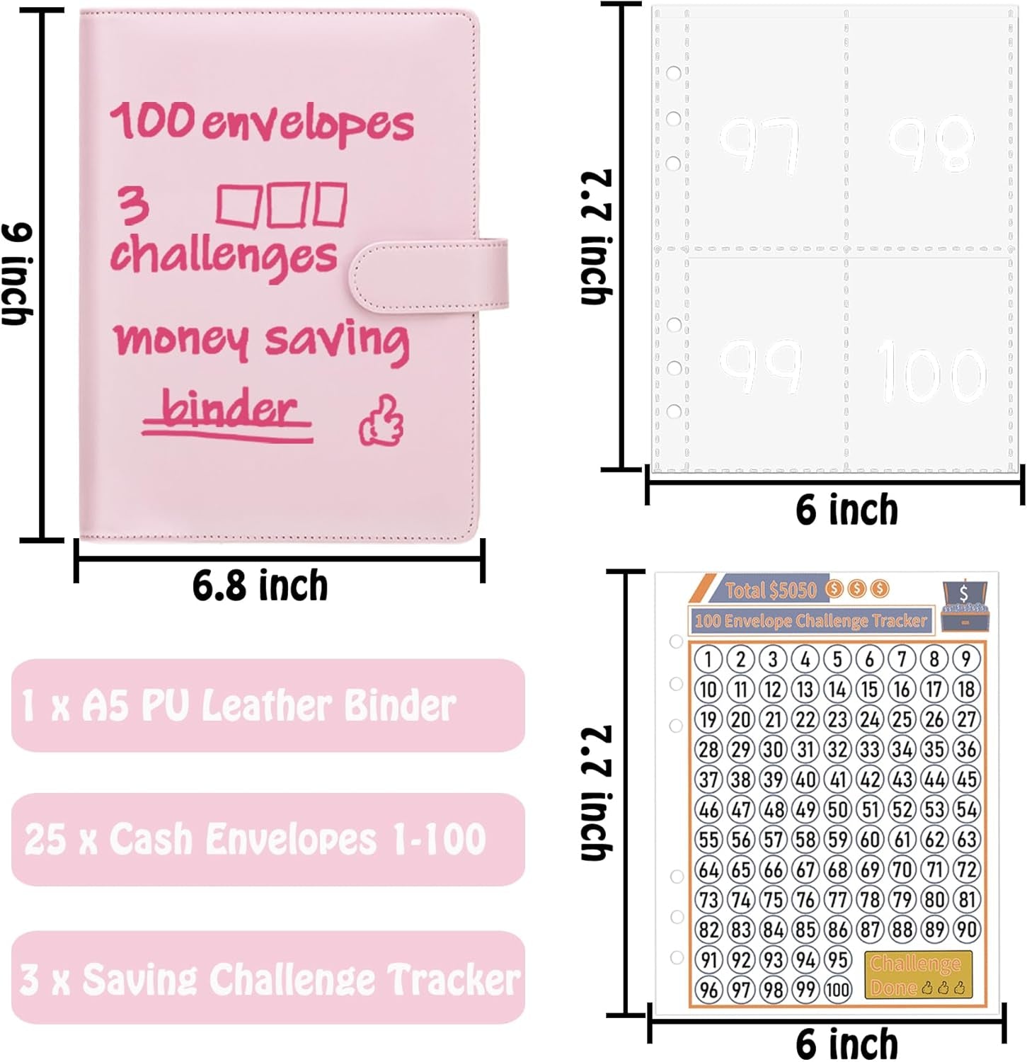 100 Envelopes Challenge Binder Money Savings Challenges Book to save $5,050 and $10,000 and $500, A5 Money Saving Planner Cash Envelope Budget Binder, Pink