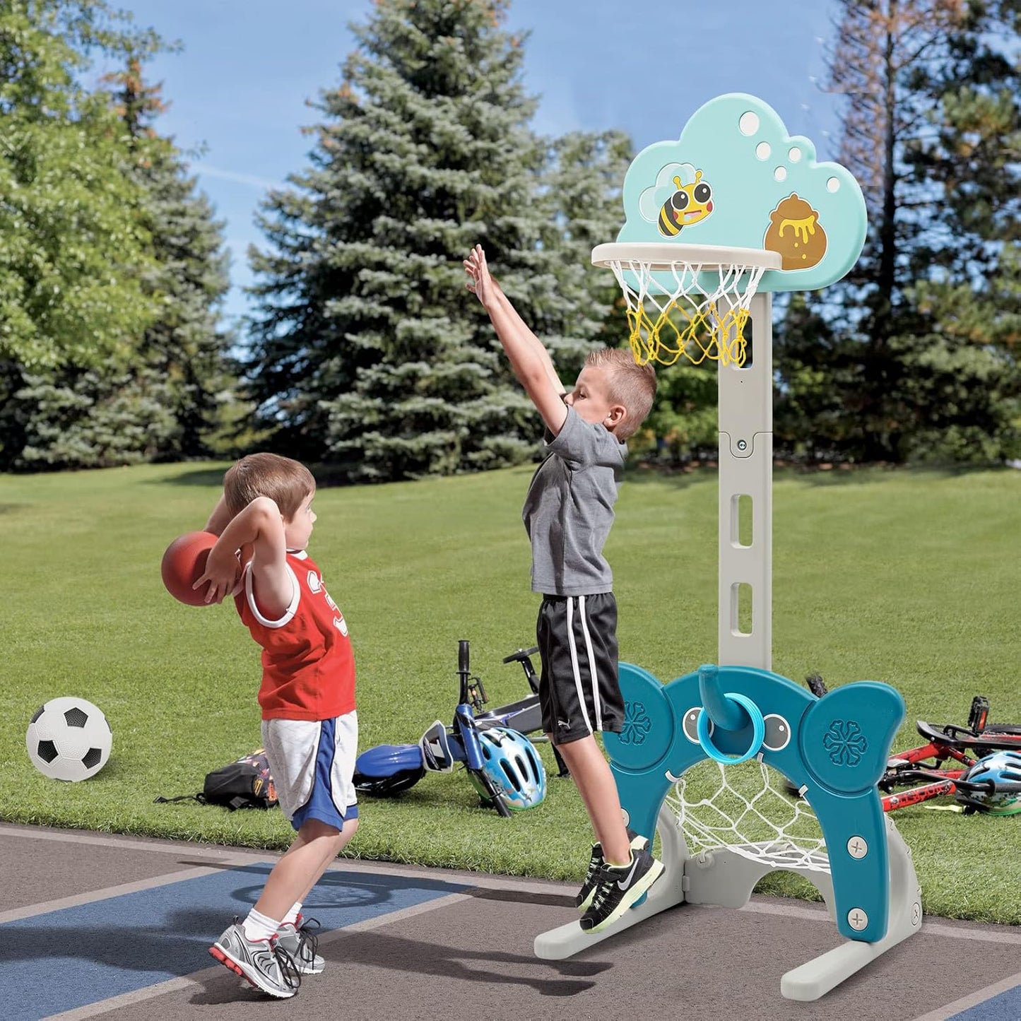 4-In-1 Toddler Basketball Hoop, Adjustable Height Kids Basketball Hoop with Soccer Goal Ring Toss Golf Play Set, Basketball Hoop for Kids Indoor Outdoor Sports Blue