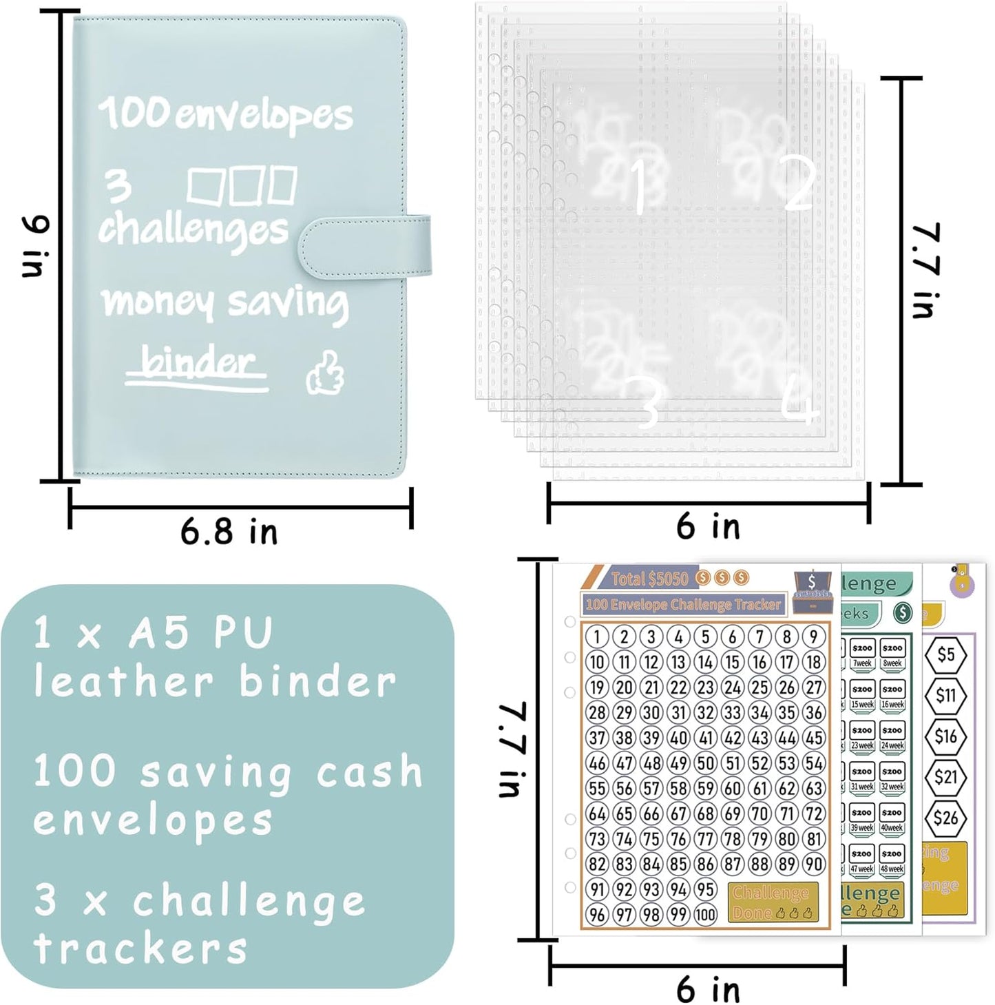 100 Envelopes Money Saving Challenge Binder, A5 Budget Binder with Cash Envelopes, Savings Challenges Book to save $500, $5,050, $10,000 Budget Planner for Budgeting Saving Money, Mint Blue