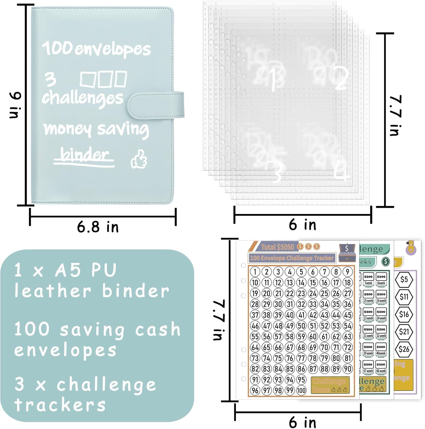 100 Envelopes Money Saving Challenge Binder, A5 Budget Binder with Cash Envelopes, Savings Challenges Book to save $500, $5,050, $10,000 Budget Planner for Budgeting Saving Money, Mint Blue