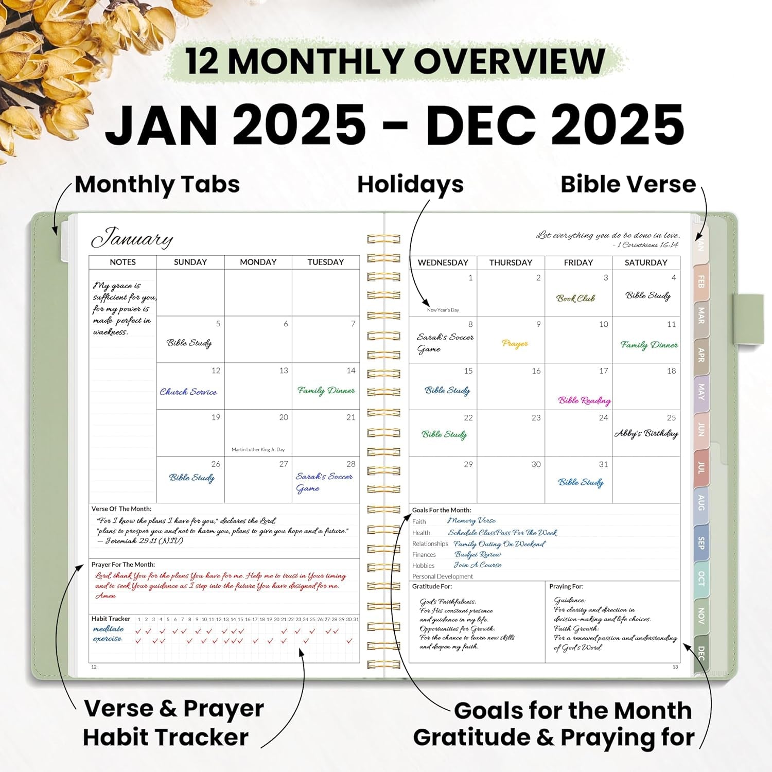 2025 Christian Planner - 12 Month Bible Journal and Prayer Planner A5 Spiral Bound, Monthly & Weekly Christian Organizer Gifts for Women Men (Grey Green)