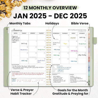 2025 Christian Planner - 12 Month Bible Journal and Prayer Planner A5 Spiral Bound, Monthly & Weekly Christian Organizer Gifts for Women Men (Grey Green)