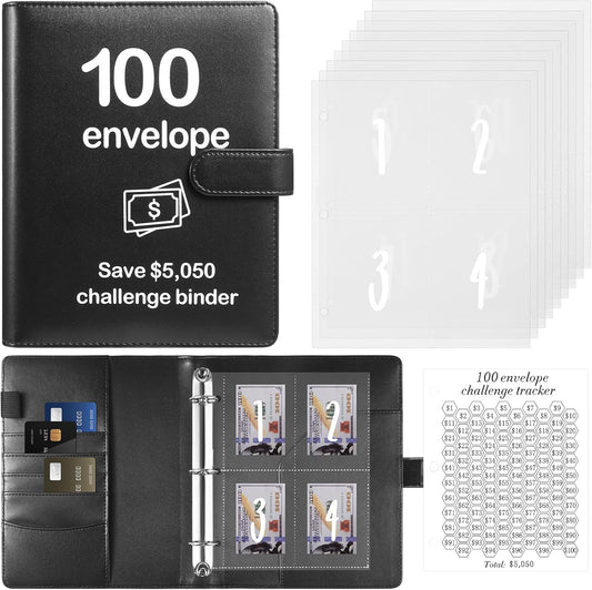 100 Envelopes Money Saving Challenge Binder with Laminated Tracker, Budget Binder with Cash Envelopes, Easy and Fun Way to save $5,050 (Black)