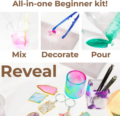 Epoxy Resin Kit for Beginners - Jewerly Making Kit for Kids and Adults - All in One Craft Set with Molds, Charms, Dyes, Dry Flowers & Other - DIY Gift for Girls Boys Childen Adults