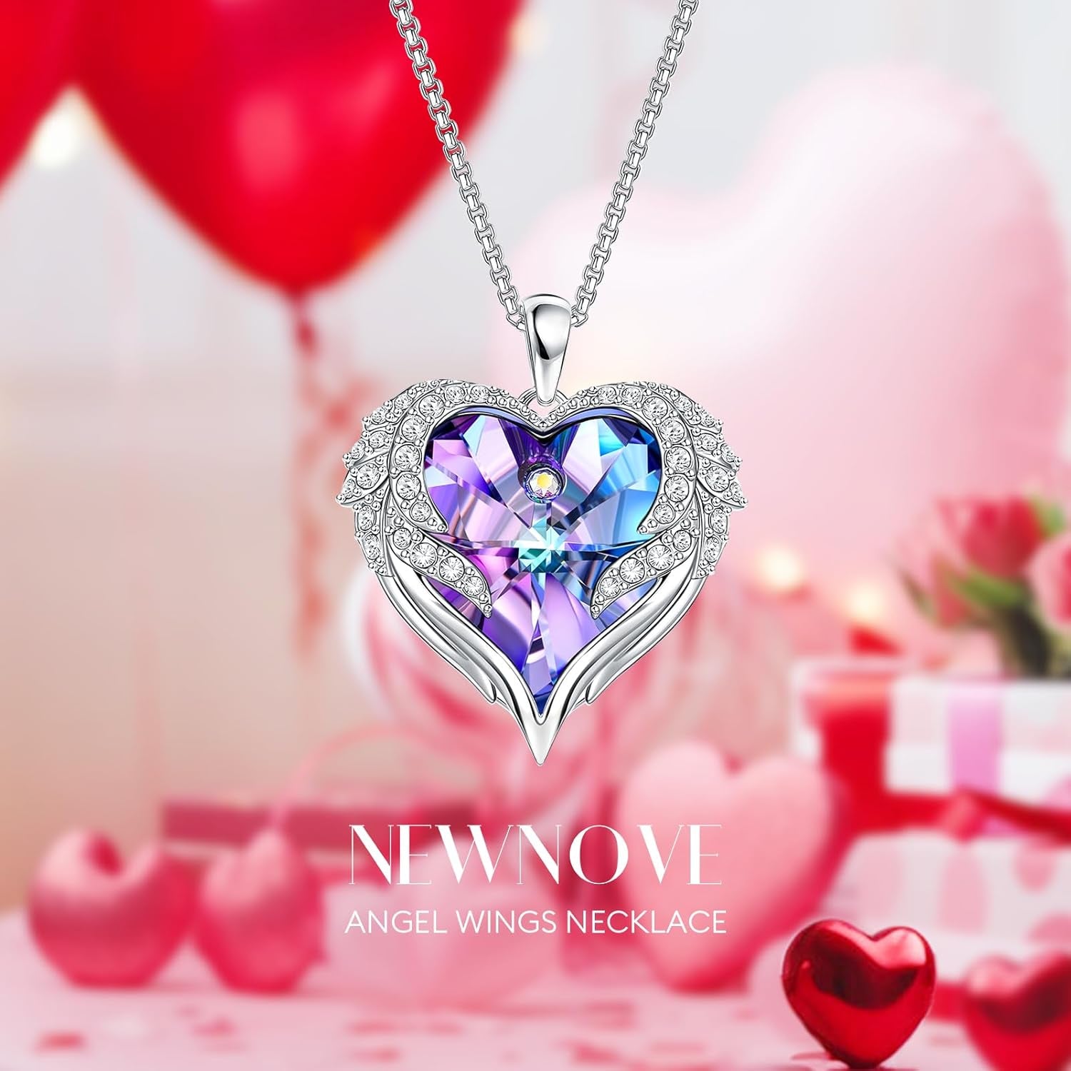 Preserved Real Purple Rose with Angle Wings Necklace, Anniversary Birthday Gifts for Women, Wife Girlfriend Mom Gift Ideas for Christmas Mother'S Day Valentine'S Day, I Love You Gifts for Her