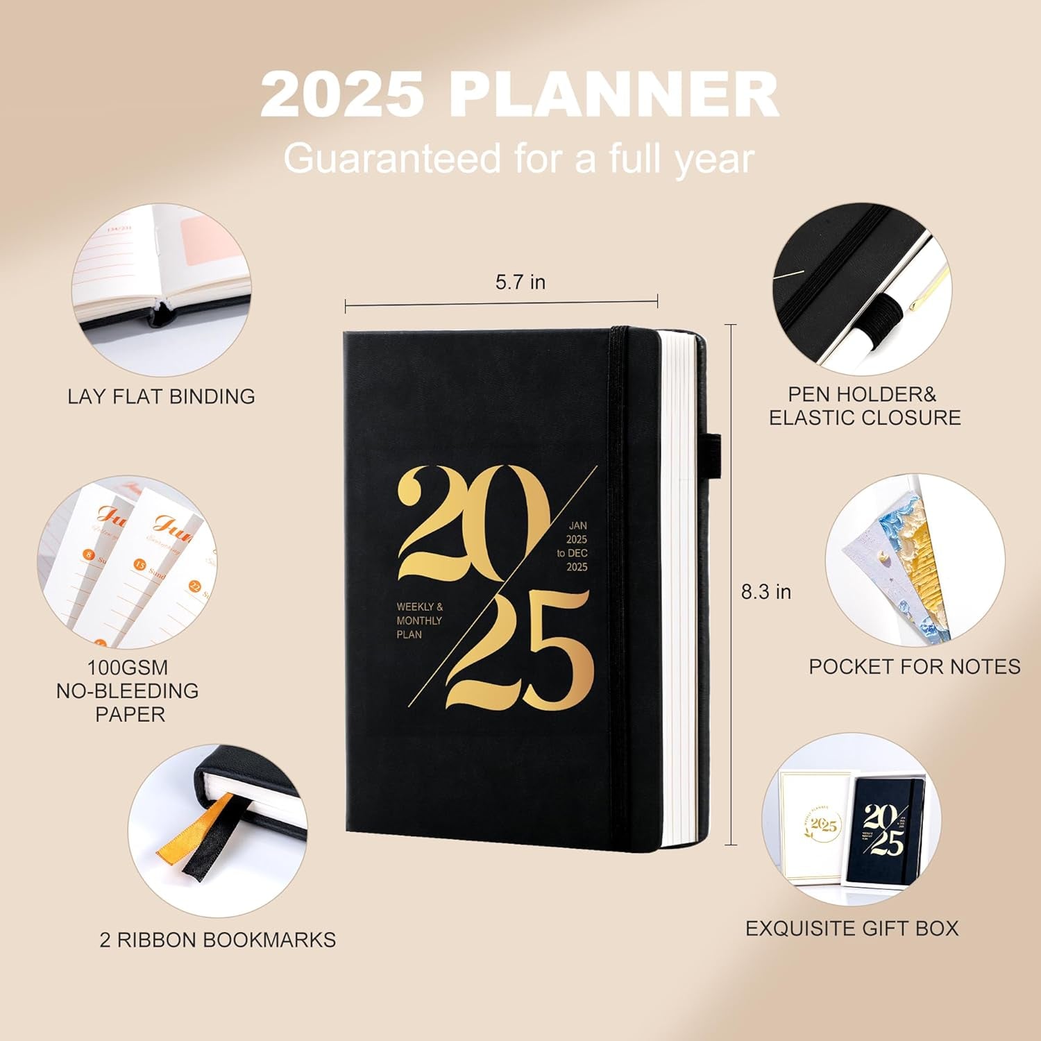 2025 Planners for Women 2025 Planner Weekly and Monthly with Stickers& Pocket Hardcover Leather 2025 Calendar Monthly Daily Planner Agenda for Men, 5X8, Black