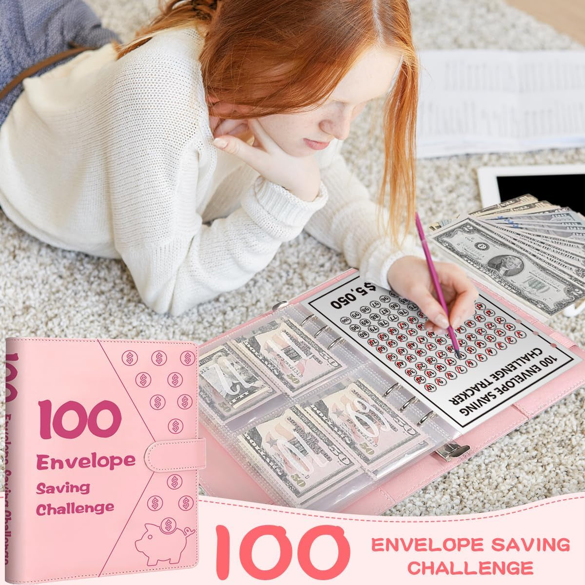 100 Envelopes Money Saving Challenge Binder, A5 Budget Binder with Cash Envelopes, Savings Challenges Budget Book to save $5,050, Budget Planner for Budgeting Planner Saving Money,Pink