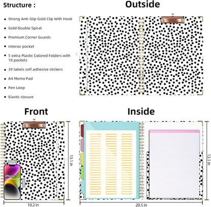 Clipboard Folio with Notepad for Letter Size, Clipboard Folder with Storage, 5 Folders with 10 Pockets, Elastic Closure and Pen Loop (Polka Dots)