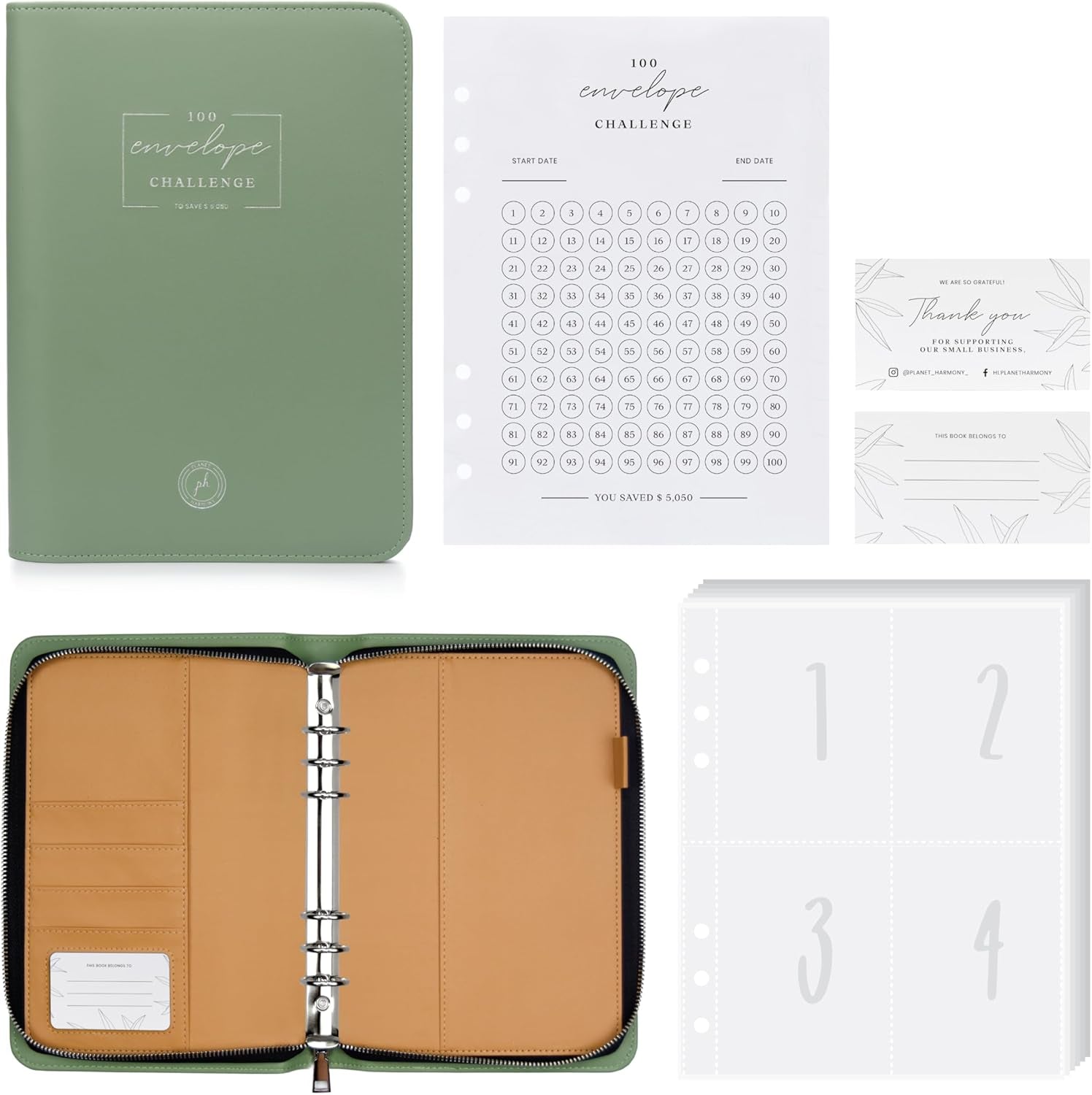 100 Envelopes Money Saving Challenge Binder - High-End, Challenge to save $5,050- A5 Savings Binder with 100 Cash Envelopes, Plant-Based Leather, Secure Zippered Cash Envelope Binder