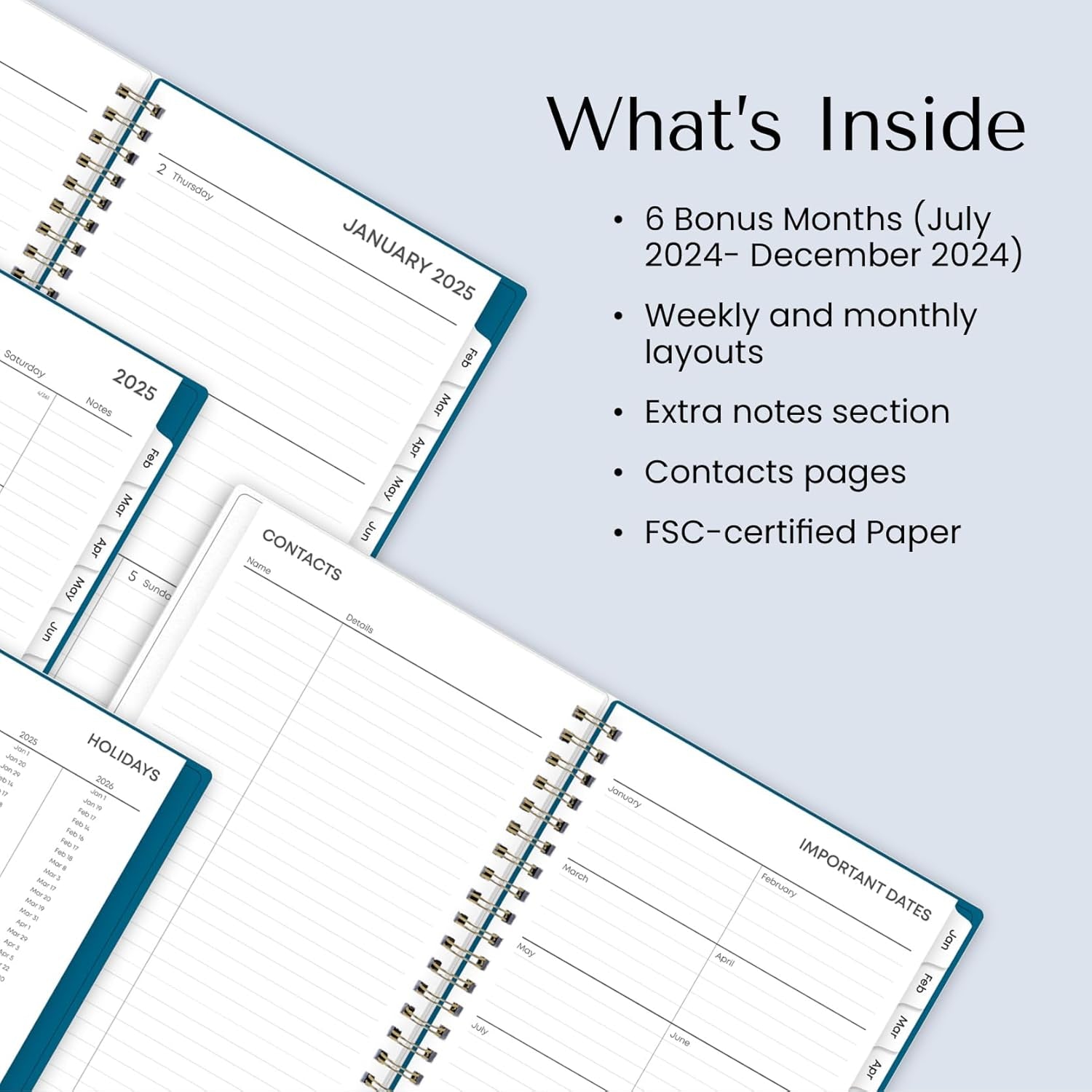 Weekly and Monthly Planner Calendar, Flexible Frosted Cover, Laminated Tabs, Wirebound, Storage Pocket, Bakah Blue (Bakah Blue- 2025, 5" X 8")