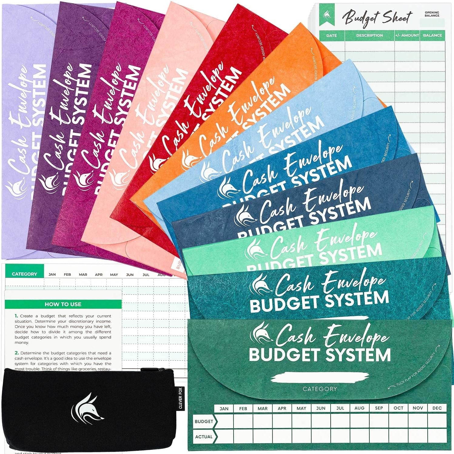 Cash Envelopes for Budgeting System – Budget Envelopes for Cash Budgeting and Saving, Tear and Water Resistant, Includes Carry Pouch & 12 Expense Tracking Budget Sheets, 12 Pack - Assorted