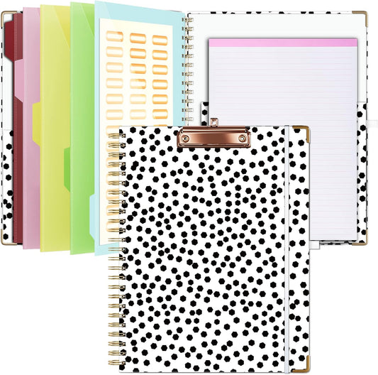 Clipboard Folio with Notepad for Letter Size, Clipboard Folder with Storage, 5 Folders with 10 Pockets, Elastic Closure and Pen Loop (Polka Dots)