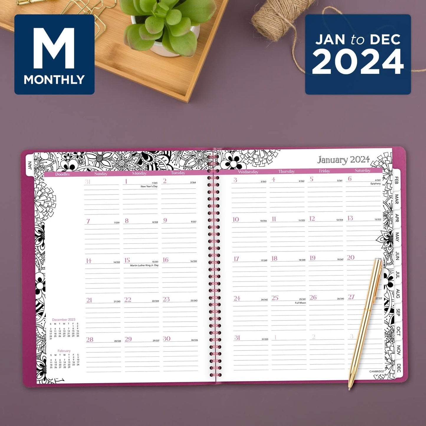 2024 Weekly & Monthly Appointment Book, 8-1/2" X 11", Large, Premium, Floradoodle, White, Black (589-905-24)