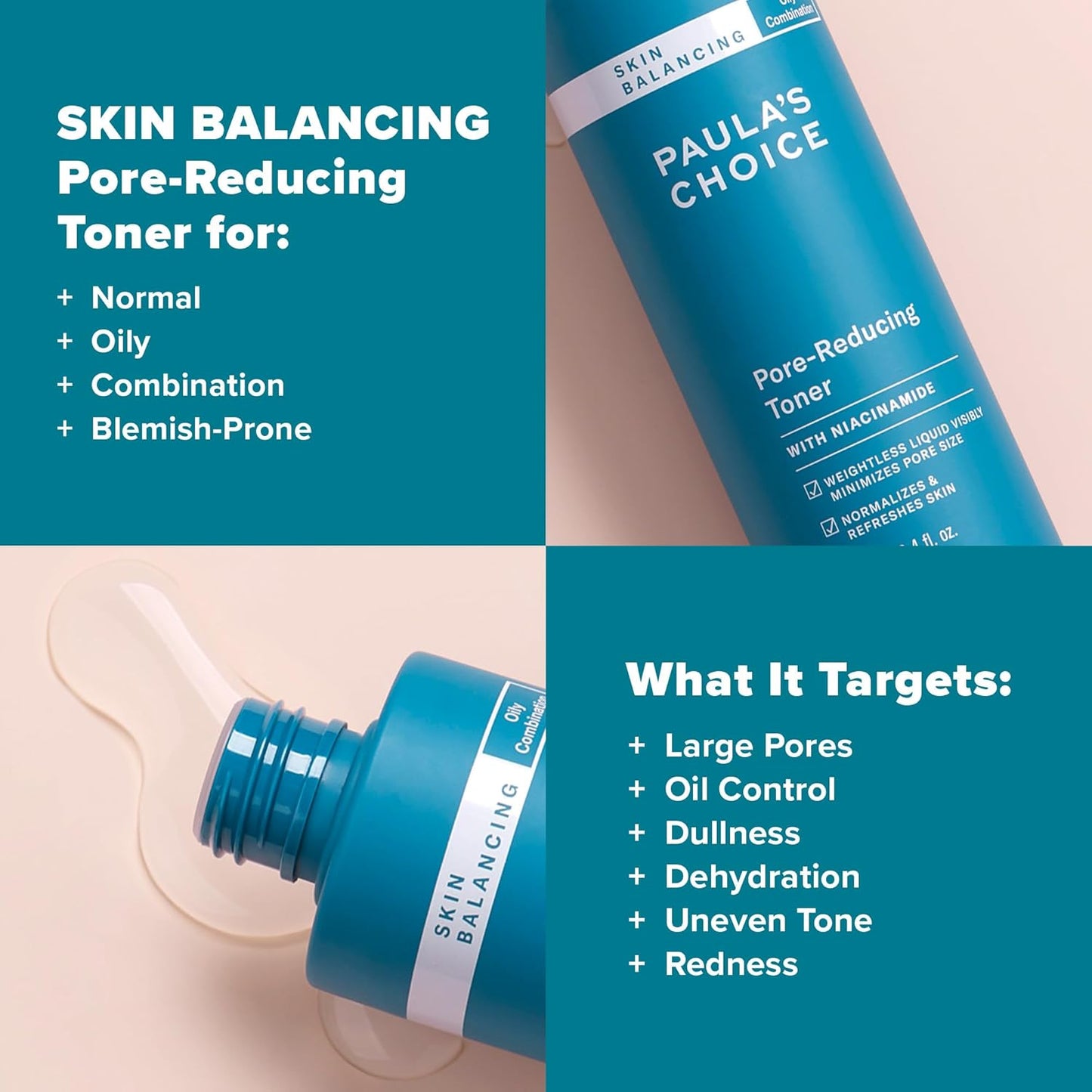 SKIN BALANCING Pore-Reducing Face Toner for Combination and Oily Skin, Minimizes Large Pores, Controls Oil & Shine, Hydrates & Replenishes, Suitable for Acne-Prone Skin