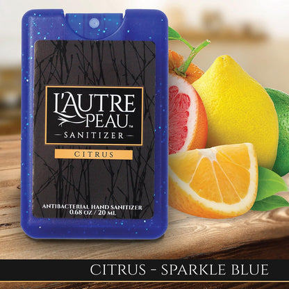 Antibacterial Travel Hand Sanitizer Spray with Aloe Vera by L’AUTRE PEAU - Unique Flat Credit Card Shape - Citrus Scented Mini Sparkle Pocket Size (3 Pack - 20ML, Sparkle Black,Red,Blue)