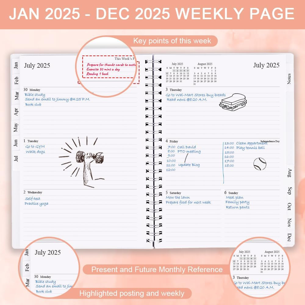 2025 Planner - Weekly & Monthly Planner Runs Jan 2025 to Dec 2025, 6.25" X 8.25", 12 Monthly Tabs, 14 Notes Page, Plastic Pocket, Flexible Cover with Twin-Wire Binding, Twig Planners 2025