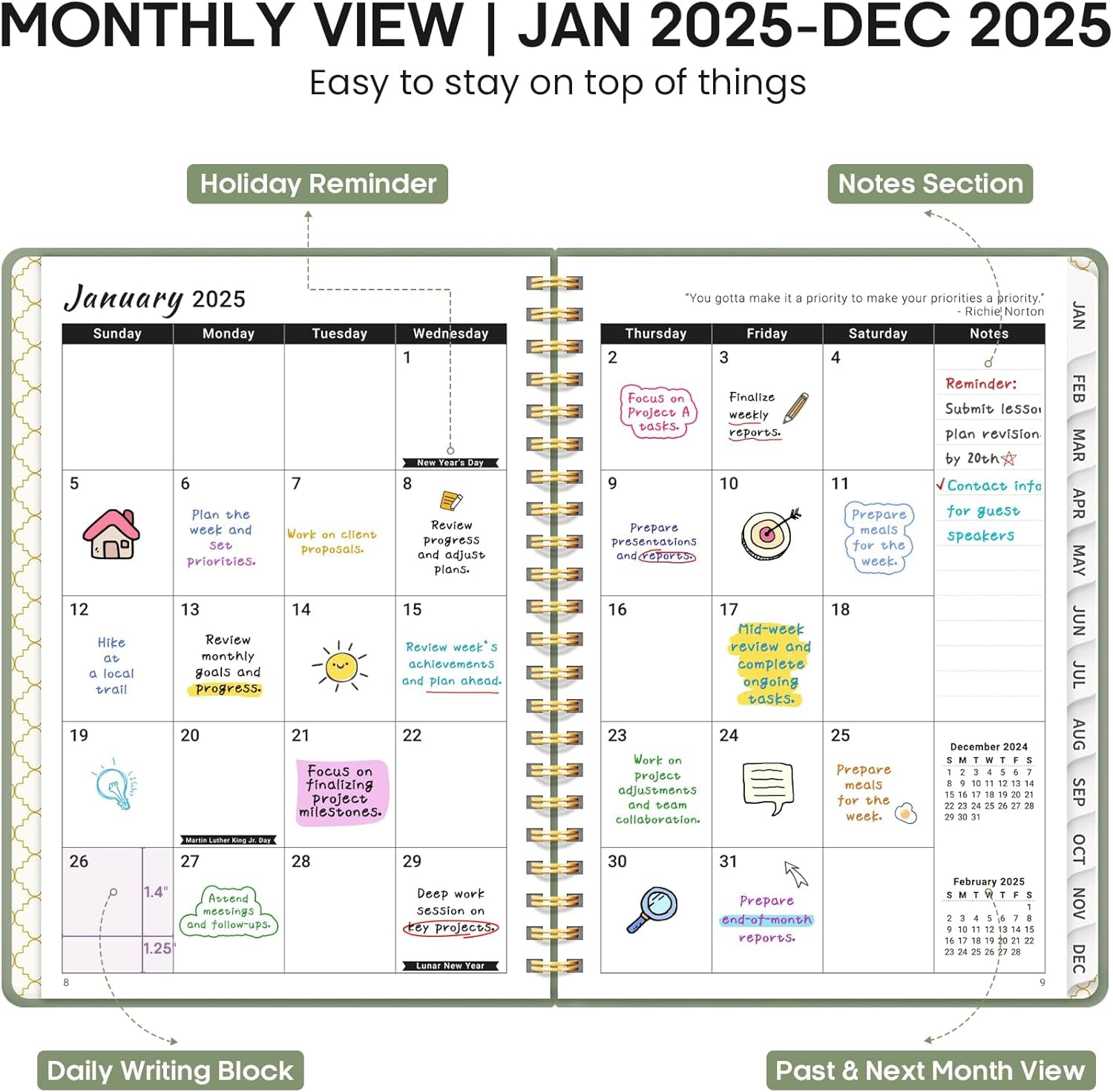 2025 Planner, Weekly and Monthly Calendar Planner Book, January 2025 - December 2025, Hardcover Planner 2025 with Monthly Tabs, Notes Pages, Spiral Bound, Inner Pocket, A5 (6.4" X 8.5") - Green