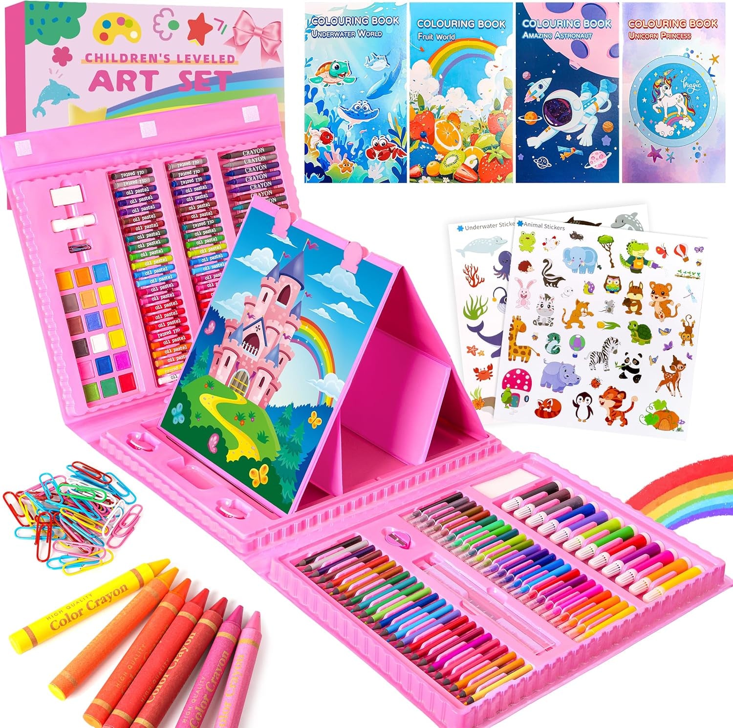 Art Supplies 332 Piece Drawing Art Kit Gifts for Girls Boys Kids Teens Gifts Art Set Case with Double Sided Trifold Easel, Stickers, Sketch Paper, Coloring Book, Pastels, Crayons, Pencils (Pink)