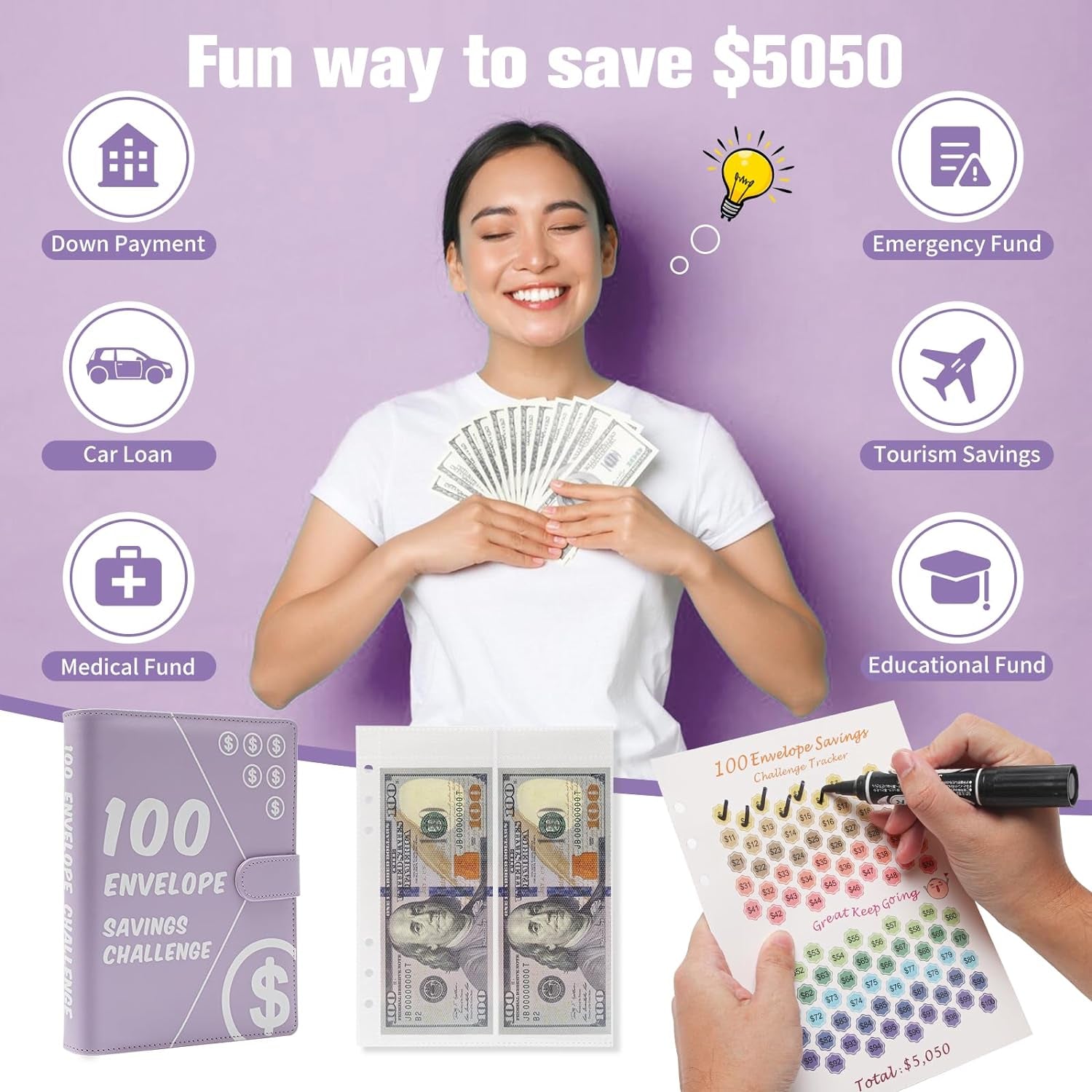 100 Envelopes Challenge Binder, Money Saving Challenge Book - Easy & Fun Way to save $5,050, Budget Binder with Cash Envelopes for Budgeting Planner & Saving Money - Purple