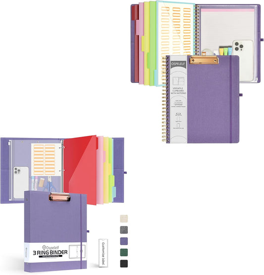 Foldable Spiral Clipboard Folio with Storage Zipper Pouch, 5 Plastic Folders with 10 Pockets,Refillable Lined Notepad (11" X 8.5"), Hardcover Project Organizer with 39 Stickers (Purple)