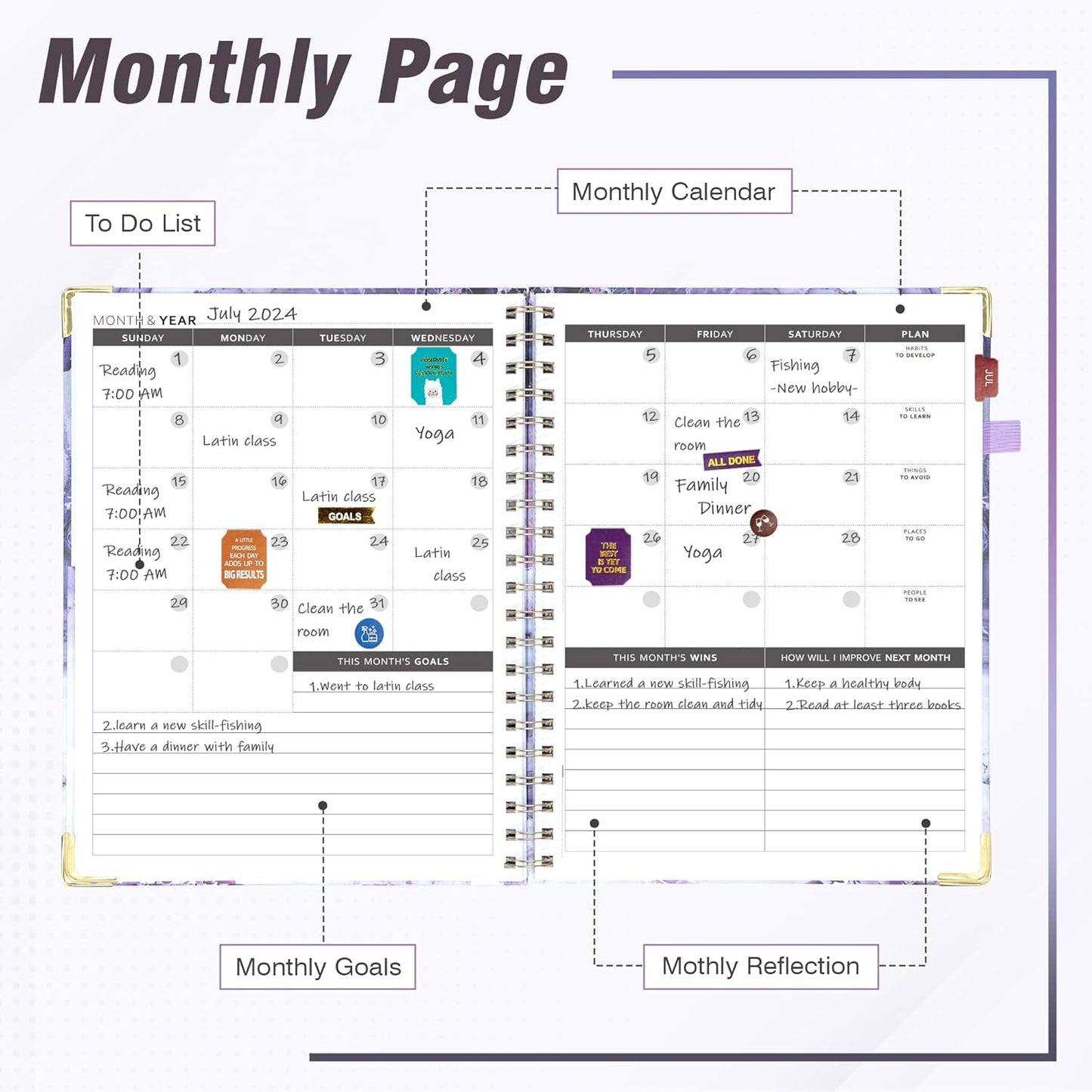 Academic Planner Undated Daily Spiral Binding Weekly Monthly Hardcover Planners with Stickers 12 Months Productivity Aesthetic Journey Letter Size Purple Marble