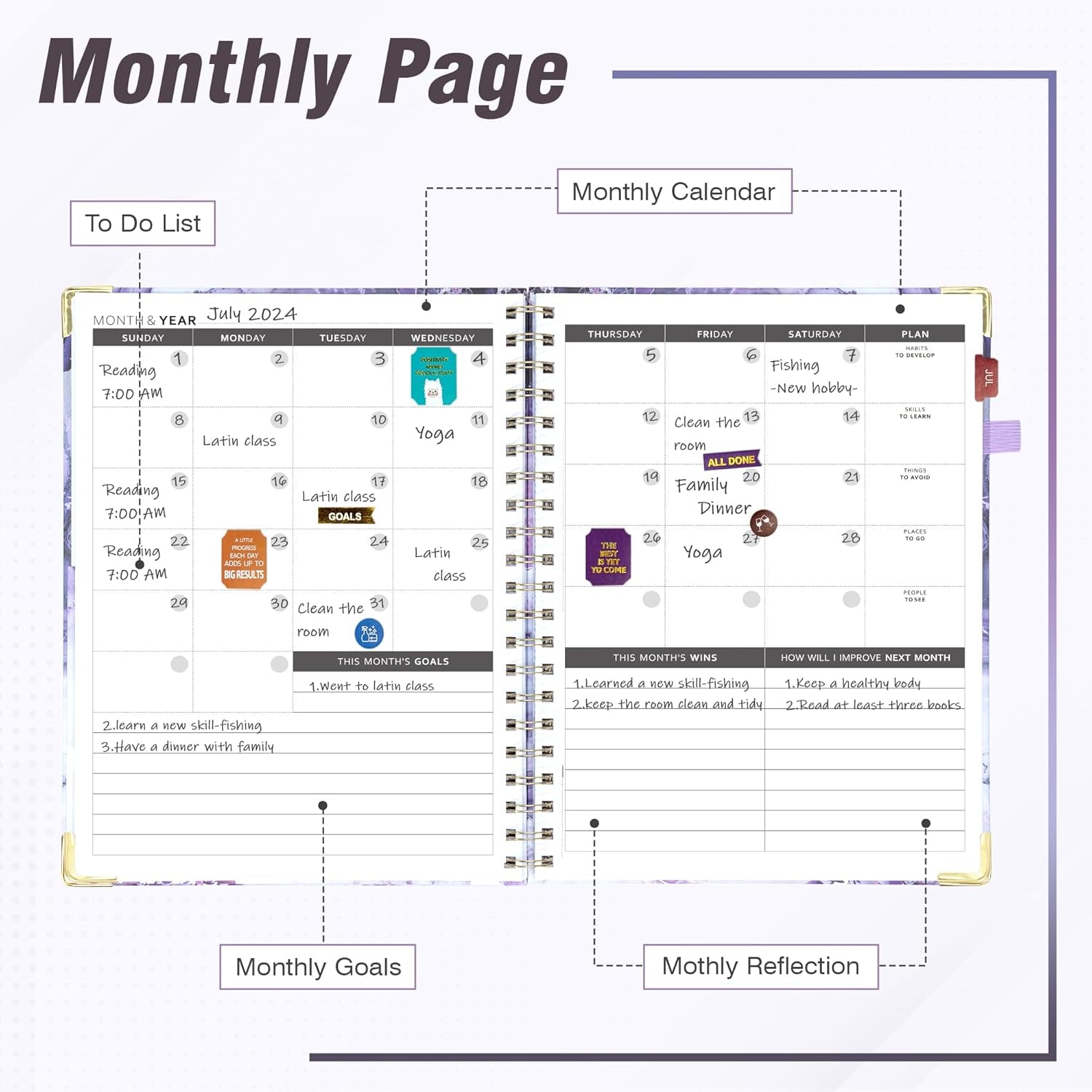 Academic Planner Undated Daily Spiral Binding Weekly Monthly Hardcover Planners with Stickers 12 Months Productivity Aesthetic Journey Letter Size Purple Marble