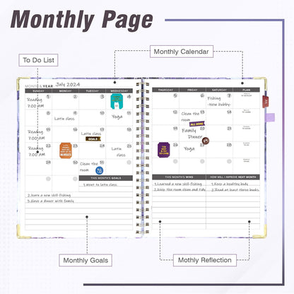 Academic Planner Undated Daily Spiral Binding Weekly Monthly Hardcover Planners with Stickers 12 Months Productivity Aesthetic Journey Letter Size Purple Marble