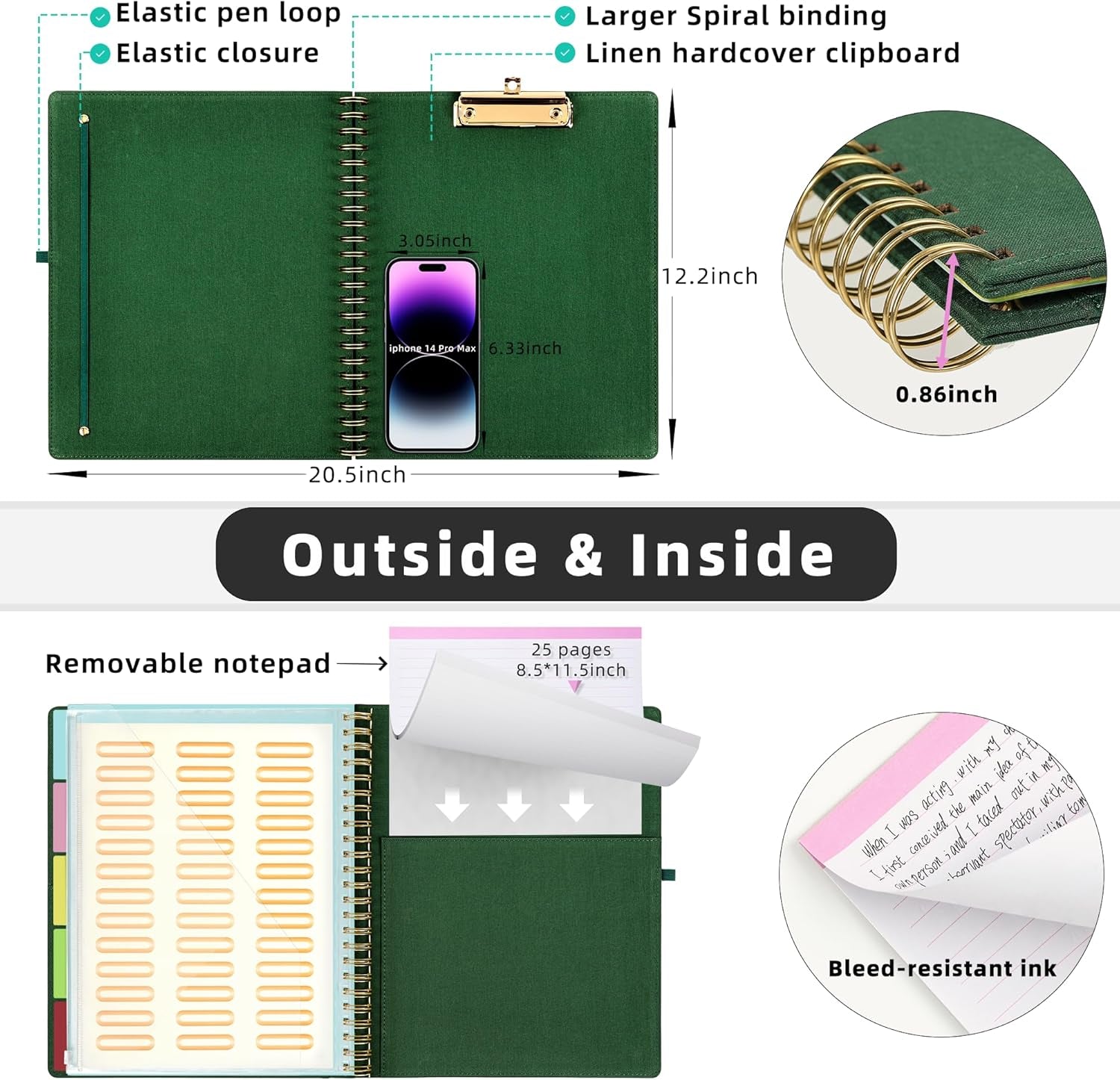 Foldable Spiral Clipboard Folio with Storage Zipper Pouch, 5 Plastic Folders with 10 Pockets,Refillable Lined Notepad (11" X 8.5"), Hardcover Project Organizer with 39 Stickers (Dark Green)