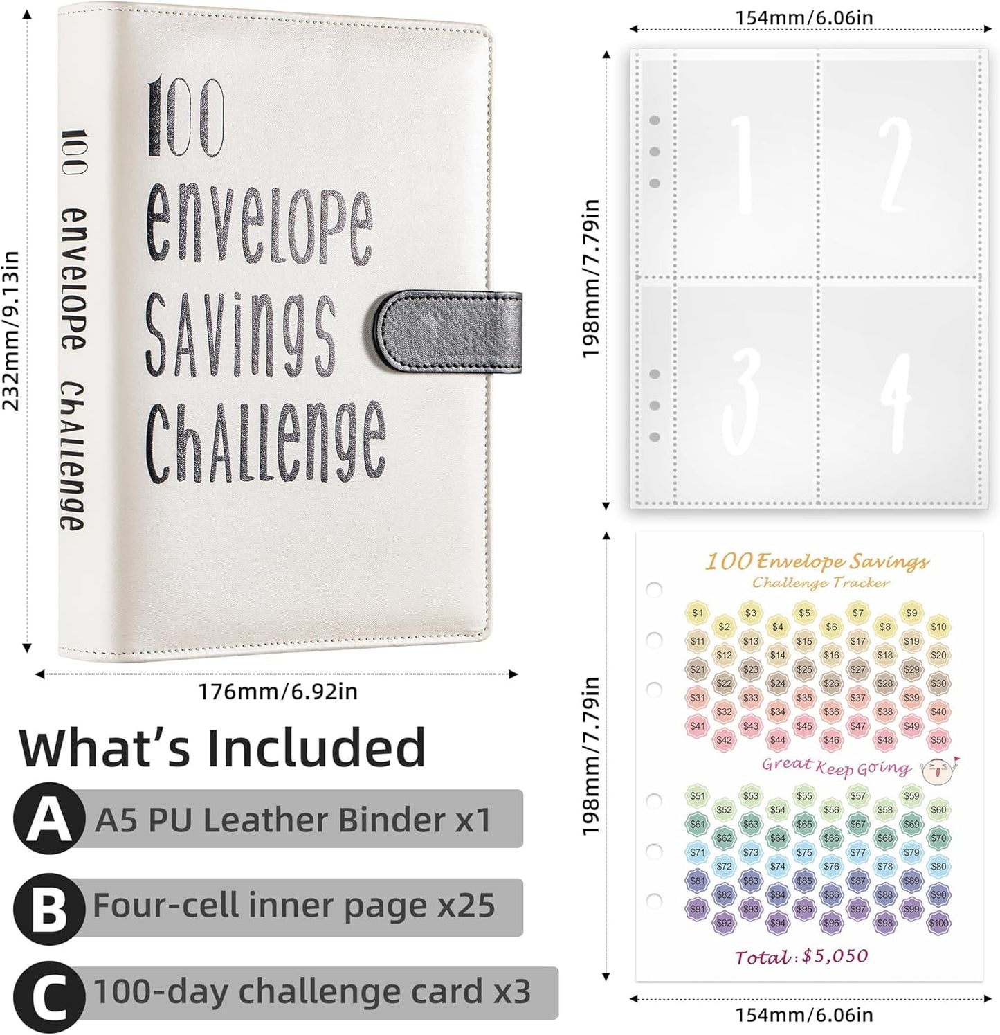 100 Envelopes Money Saving Challenge Savings Binder Easy & Fun Way to save $5,050 A5 Binder with Cash Envelopes for Budgeting Planner White Faux Binder Writing Color (Black)