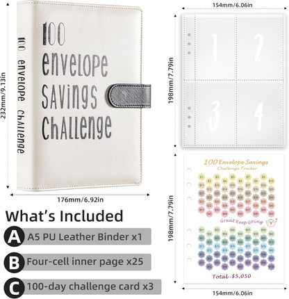 100 Envelopes Money Saving Challenge Savings Binder Easy & Fun Way to save $5,050 A5 Binder with Cash Envelopes for Budgeting Planner White Faux Binder Writing Color (Black)