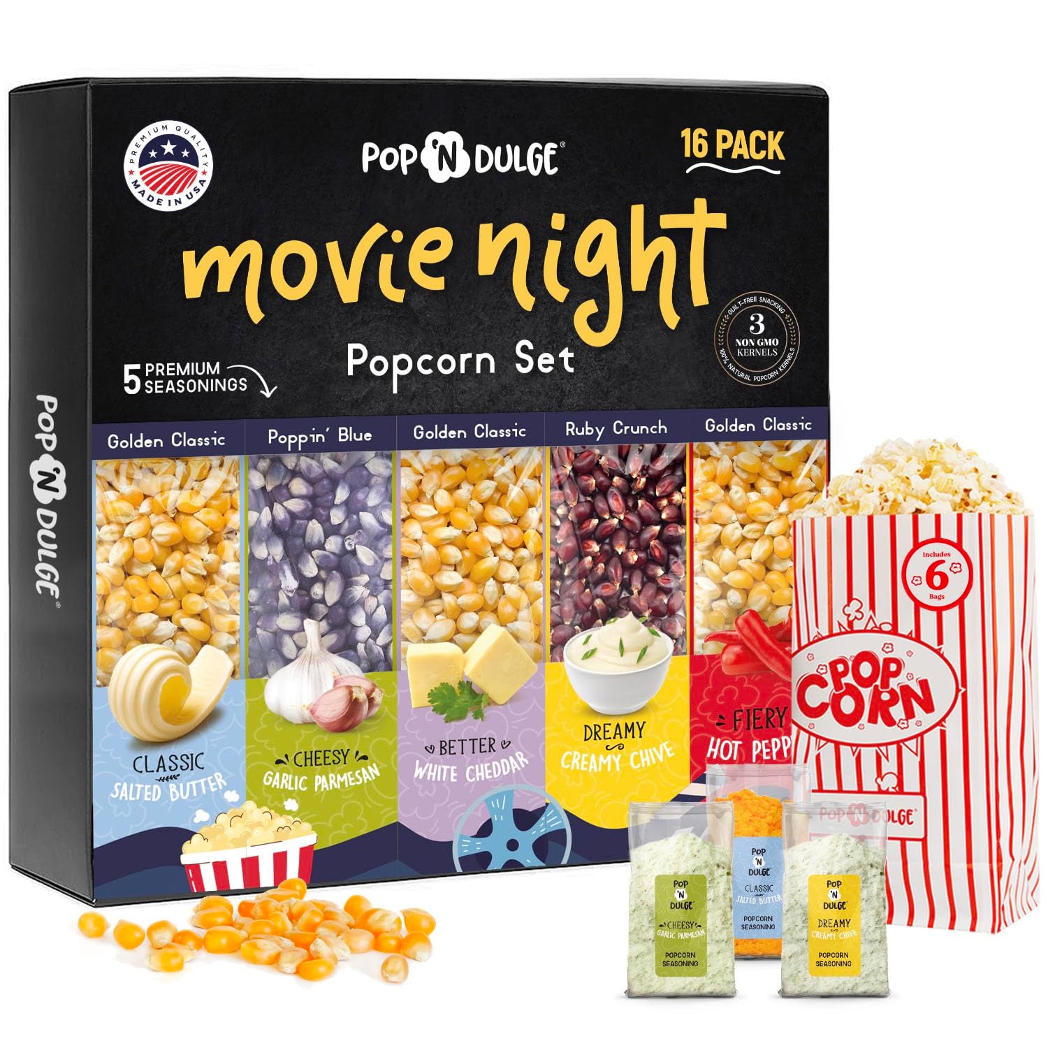 Popcorn Movie Night Supplies Popcorn Kernels Popcorn Seasoning 16 Pack, 5 Gourmet Popcorn Kernels, 5 Popcorn Seasoning Variety Packs Non-Gmo Snacks, Includes 6 Bags, Gift Basket Idea