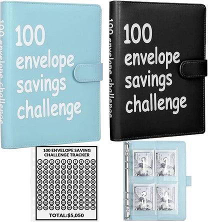 2PCS 100 Envelopes Money Saving Challenge, Envelopes Challenge Binder, Achieving Financial Goals with a Budget Binder and Cash Envelopes, Successfully Reach Your Savings Goals of $5,050 (Blue+Black)