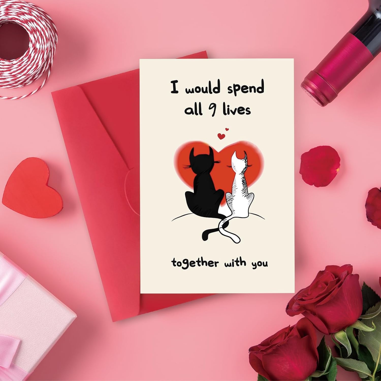 Romantic Valentines Day Gifts for Him Her，Cute Cat Valentines Day Card for Husband Wife Boyfriend Girlfriend Couple，Cat Lovers Vday Cards-“I Would Spend 9 Lives with You”