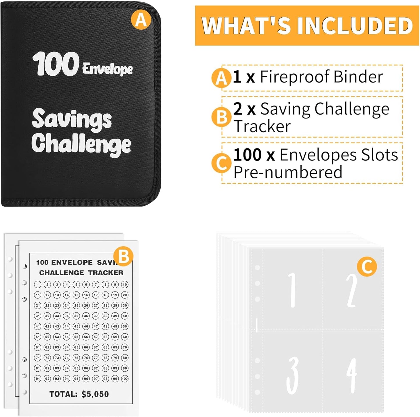 100 Envelopes Money Saving Challenge，Fireproof Savings Challenges Book with Envelopes,Saving Challenge Binder with Zipper,Easy and Fun Way to save $5,050