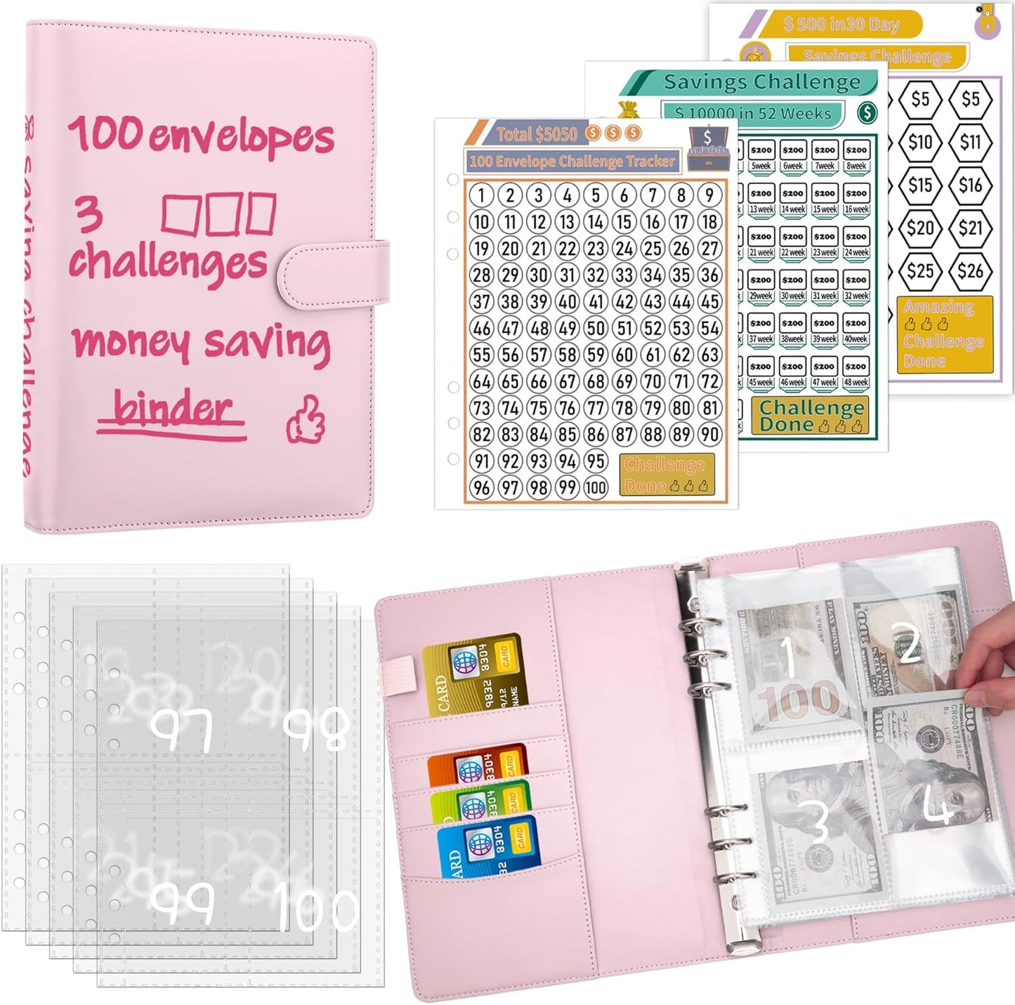 100 Envelopes Challenge Binder Money Savings Challenges Book to save $5,050 and $10,000 and $500, A5 Money Saving Planner Cash Envelope Budget Binder, Pink