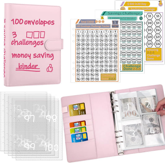 100 Envelopes Challenge Binder Money Savings Challenges Book to save $5,050 and $10,000 and $500, A5 Money Saving Planner Cash Envelope Budget Binder, Pink