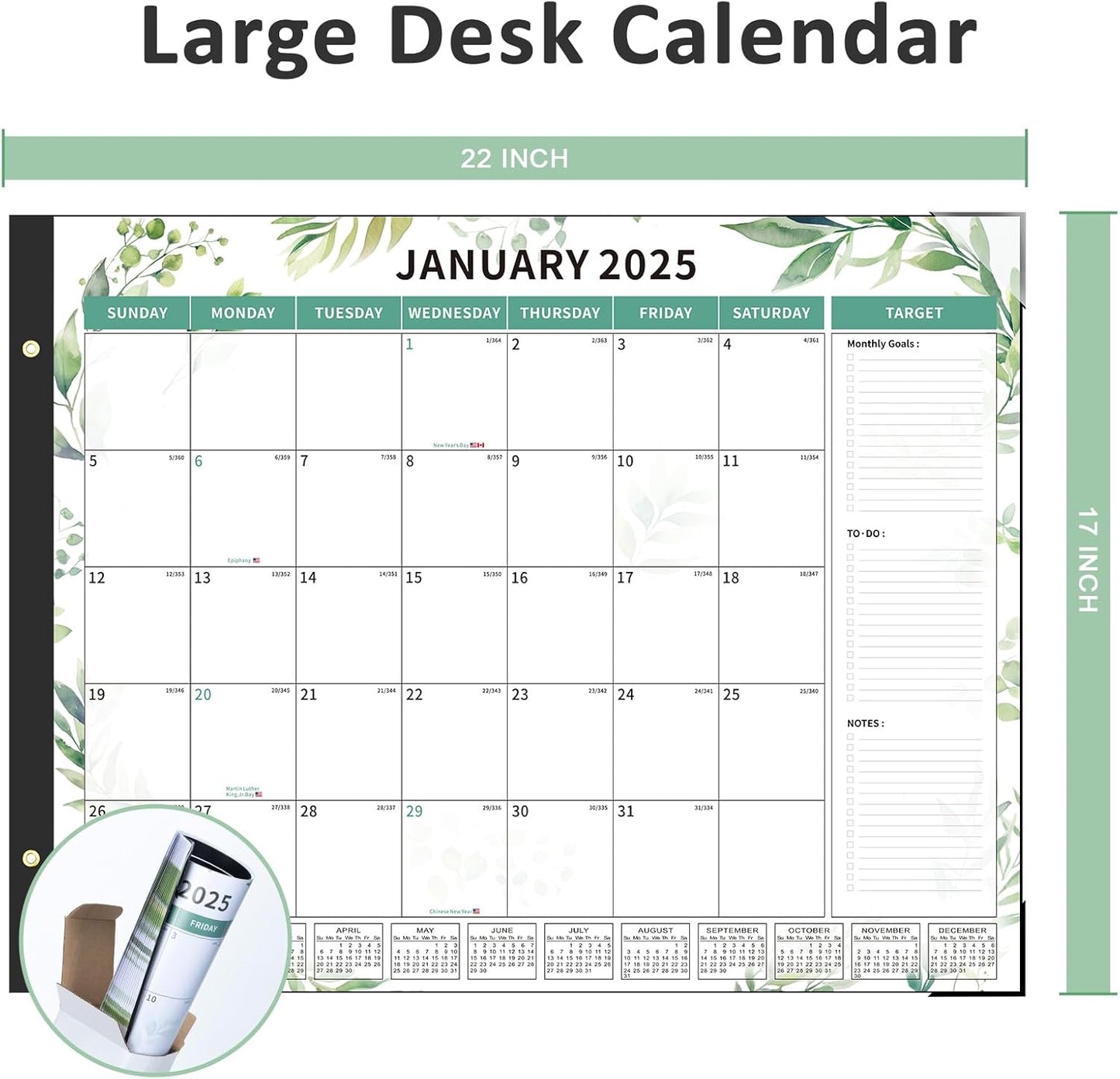 Desk Calendar 2025-2026 Large 22"X17" Monthly Planner Pad with Plastic Cover 18 Months Green Leaves