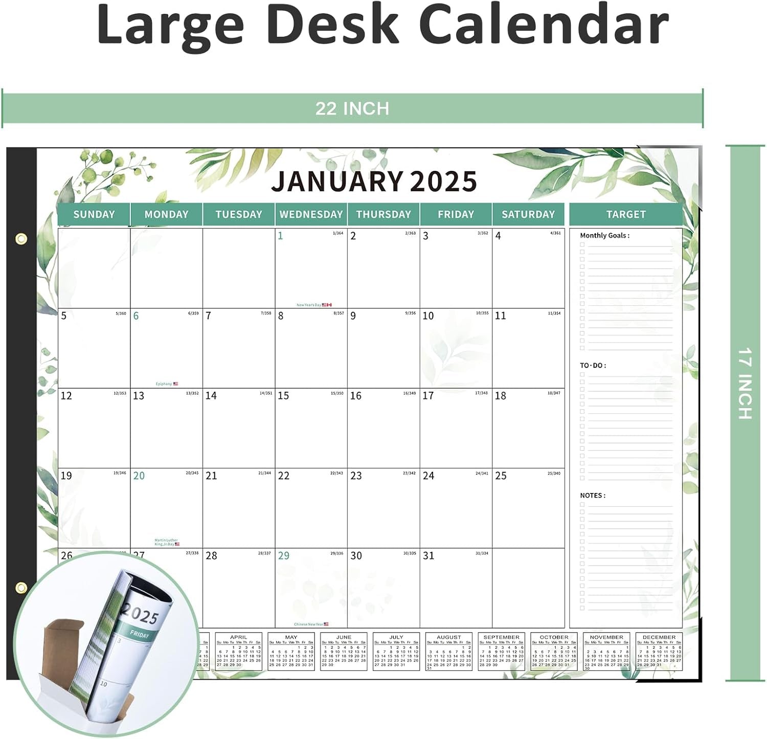 Desk Calendar 2025-2026 Large 22"X17" Monthly Planner Pad with Plastic Cover 18 Months Green Leaves