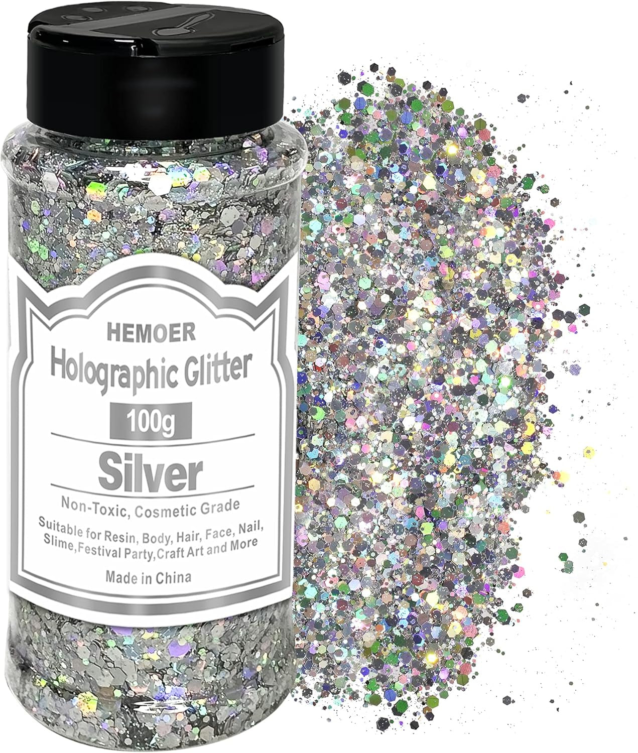 100G Holographic Chunky Glitter, Cosmetic Mixed Hexagon Chunky & Fine Craft Glitter Resin Sequins for Epoxy Glass, Resin Art, Body, Hair, Face, Nail, Slime, Tumblers, Festival Party - Silver