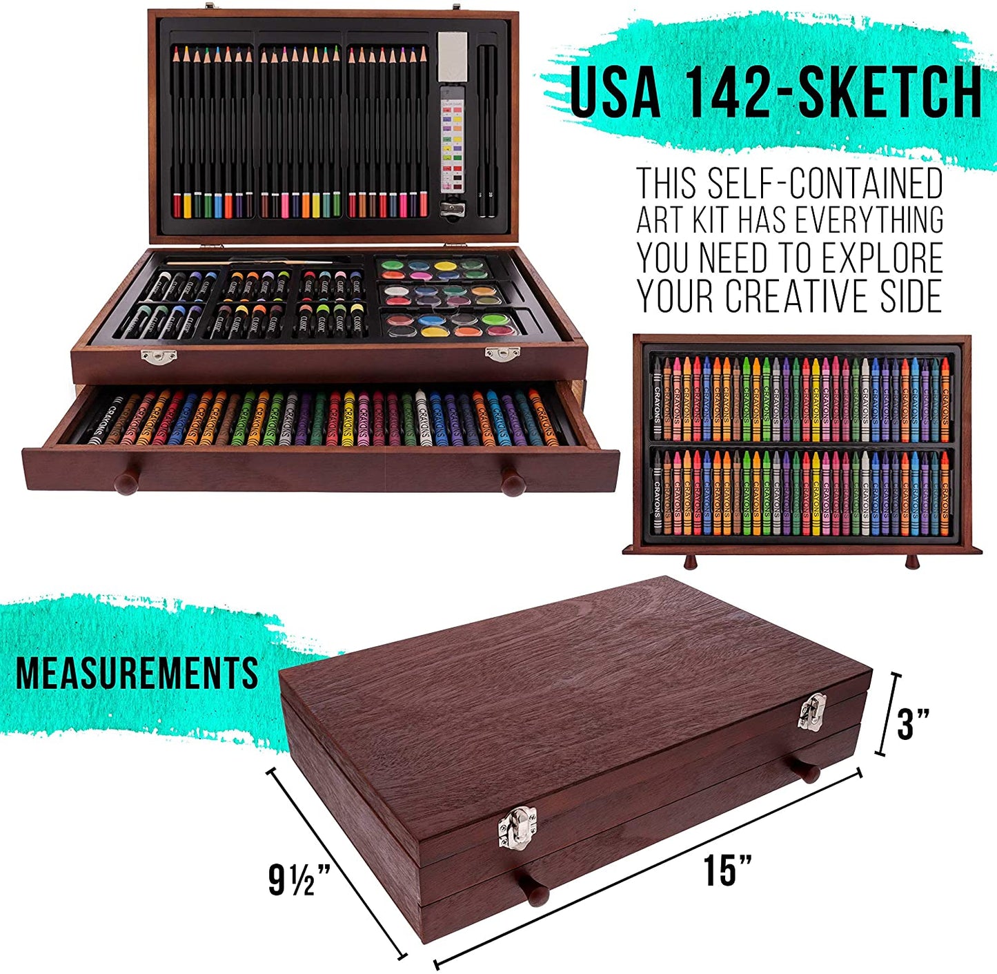 162-Piece Deluxe Mega Wood Box Art Painting and Drawing Set - Artist Painting Pad, 2 Sketch Pads, 24 Watercolor Paint Colors, 24 Oil Pastels, 24 Colored Pencils, 60 Crayons, 2 Brushes