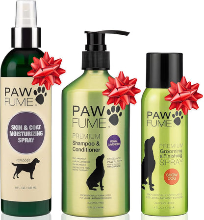 Pawfume Skin & Coat Moisturizing Spray + Dog Shampoo and Conditioner + Premium Grooming Spray