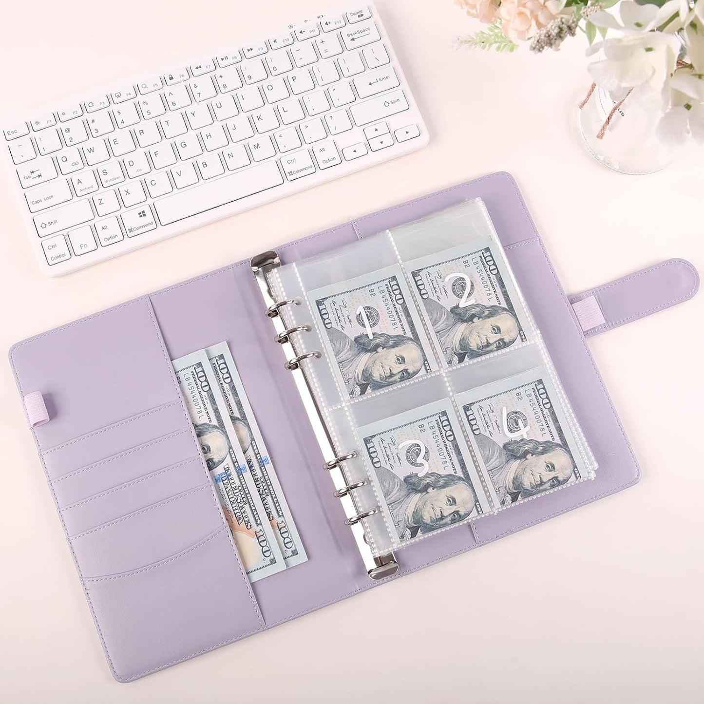 100 Envelopes Money Saving Challenge Binder, A5 Money Saving Budget Binder with Cash Envelopes, Savings Challenges Book for Planning and Saving $5050, Light Purple