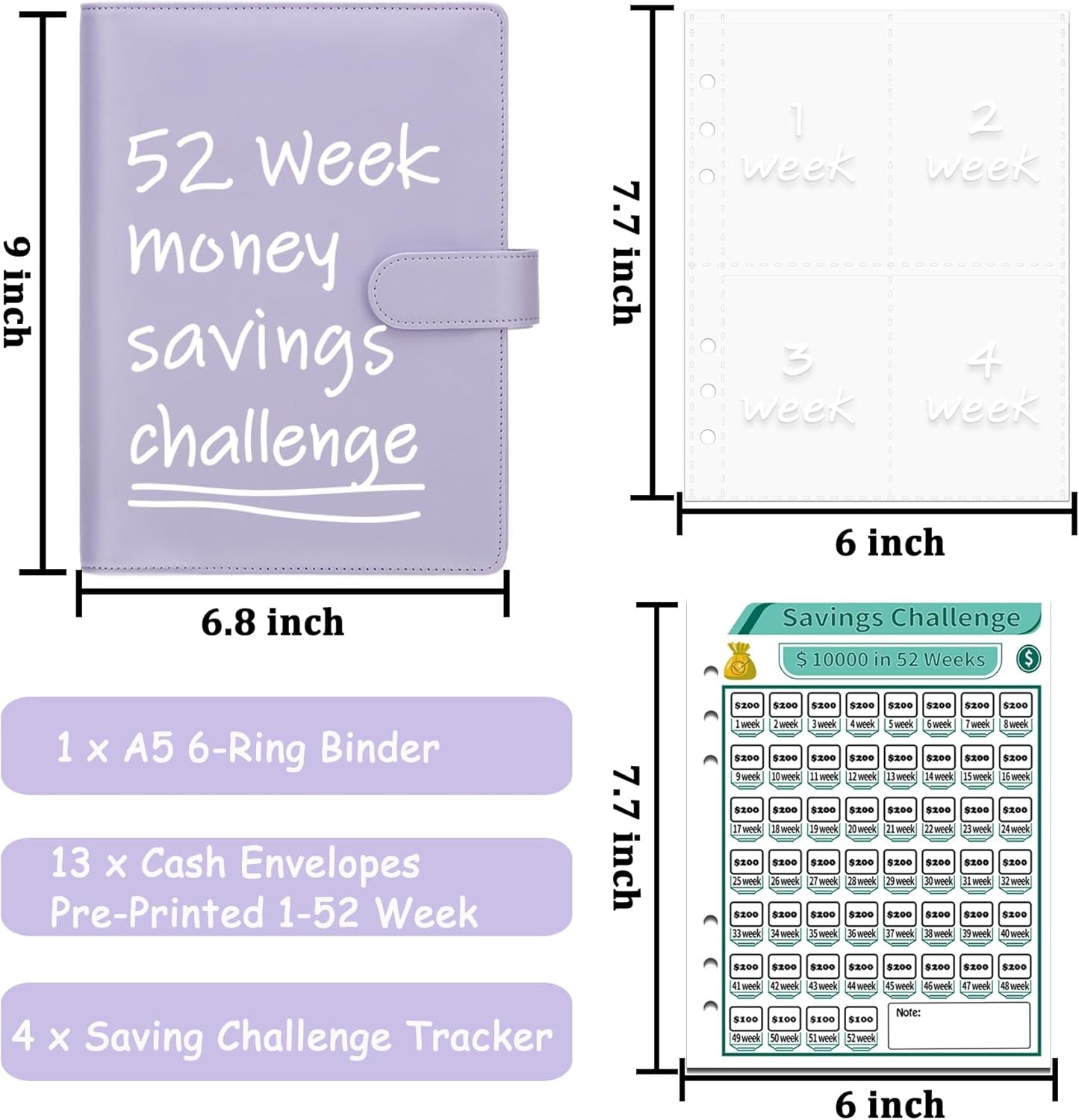 52 Week Money Saving Challenge Binder with Cash Envelopes, A5 Budget Binder Savings Challenges Book with 4 Saving Challenge Tracker to save $5,200 and $2,600 and $10,000 and DIY, Purple