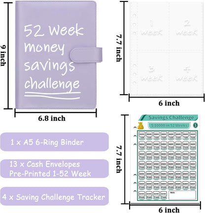 52 Week Money Saving Challenge Binder with Cash Envelopes, A5 Budget Binder Savings Challenges Book with 4 Saving Challenge Tracker to save $5,200 and $2,600 and $10,000 and DIY, Purple