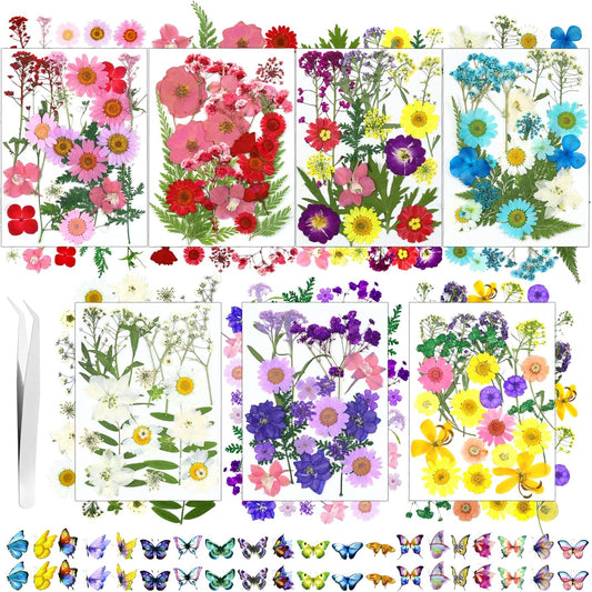 190 Pcs Dried Pressed Flowers for Resin, Real Dried Pressed Flowers for Resin Butterfly Stickers DIY Art with Tweezers Crafts Decorate for Candles Jewelry Nail Crafts